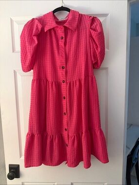 Bright Pink Button-Front Tiered Dress with Puff Sleeves